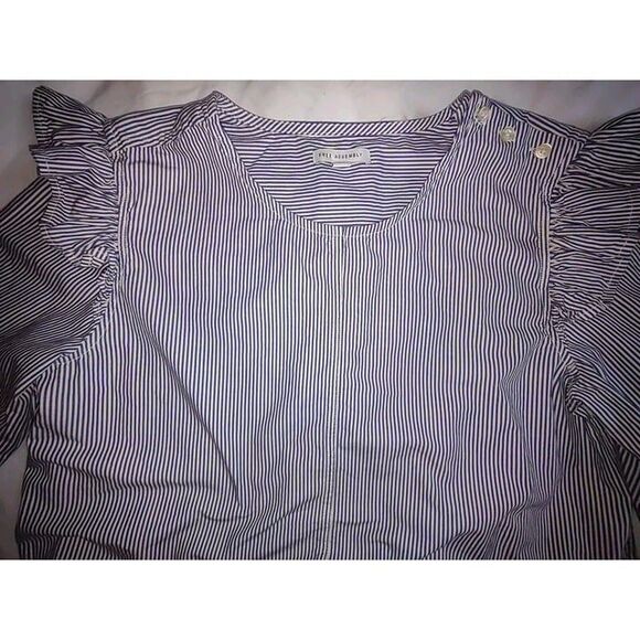 5/$25 EUC Sz L Ruffle Long Sleeve Blue White Striped Blouse Top - Picture 4 of 5